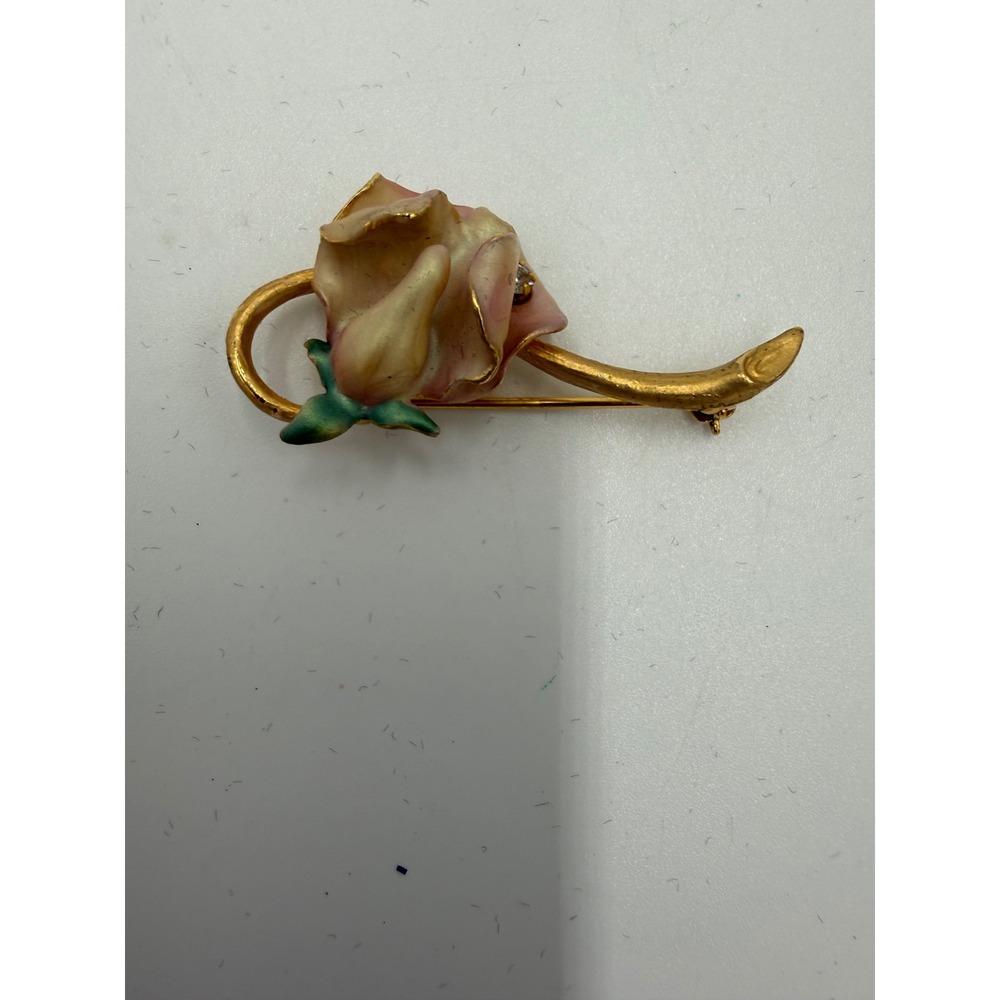 Joan Rivers Classics Collection Rose Bud Brooch Enamel Gold Tone Rhinestone Pin